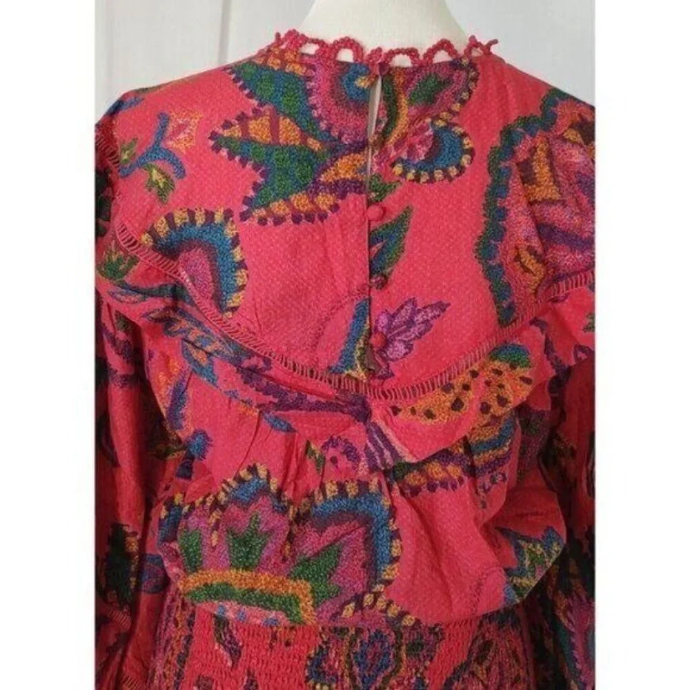 FARM Rio Mini Dress M Tapestry Tropical Smocked Ruffle…Blush Pink Sunset - Picture 12 of 16